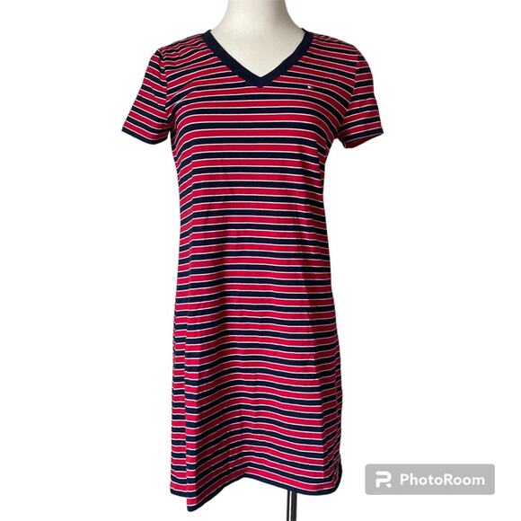 Tommy Hilfiger Dresses & Skirts - Tommy Hilfiger Striped V Neck Red Navy T Shirt Dress Size S